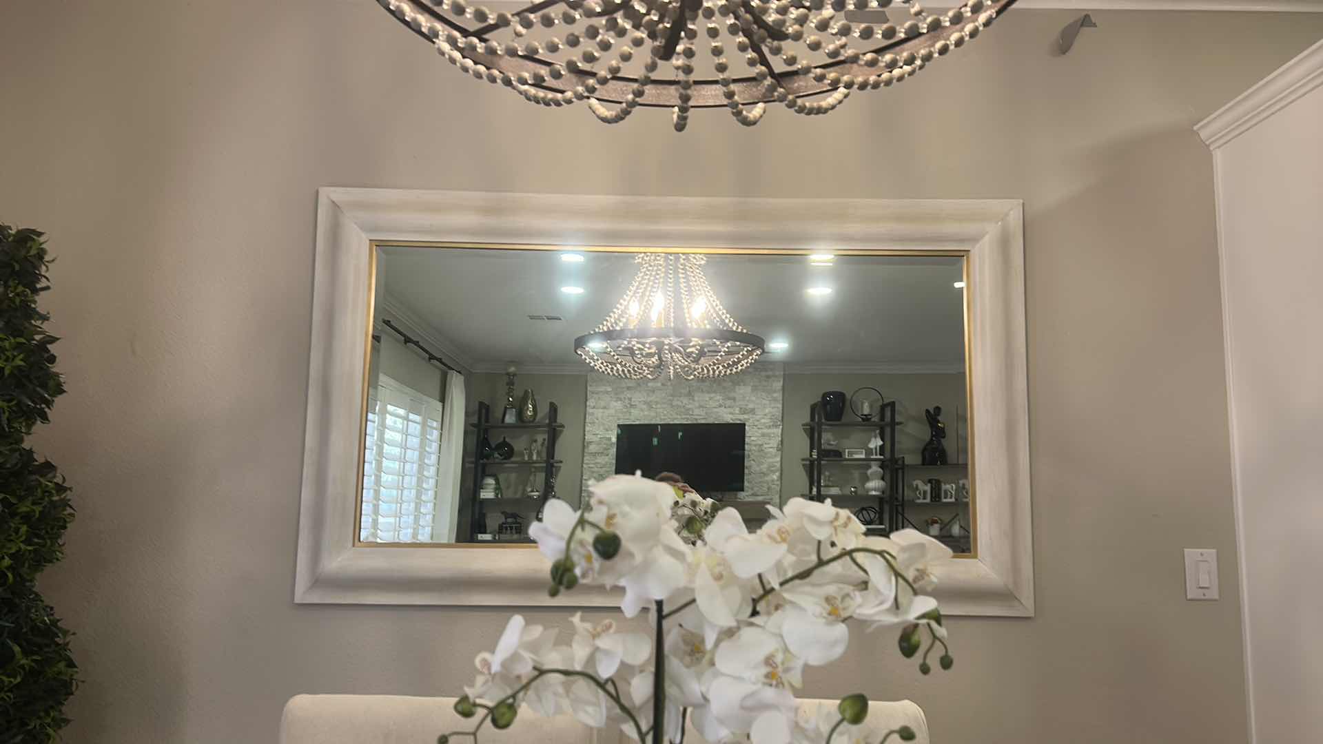 Photo 1 of OFFWHITE SLIGHTLY DISTRESSED GOLD ACCENTED FRAMED BEVELED GLASS MIRROR 71“ x H41 1/2“