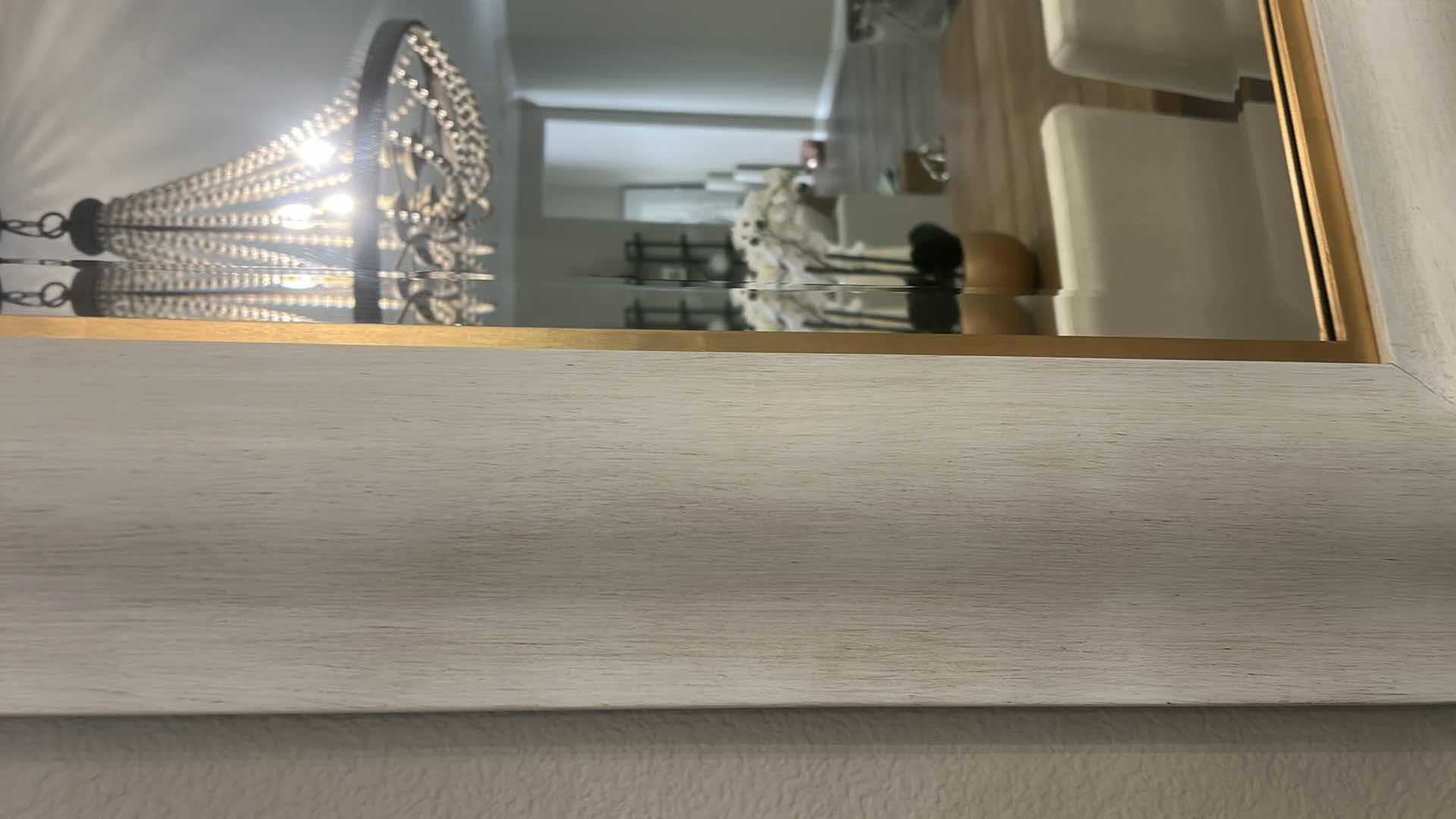 Photo 1 of OFFWHITE SLIGHTLY DISTRESSED GOLD ACCENTED FRAMED BEVELED GLASS MIRROR 71“ x H41 1/2“