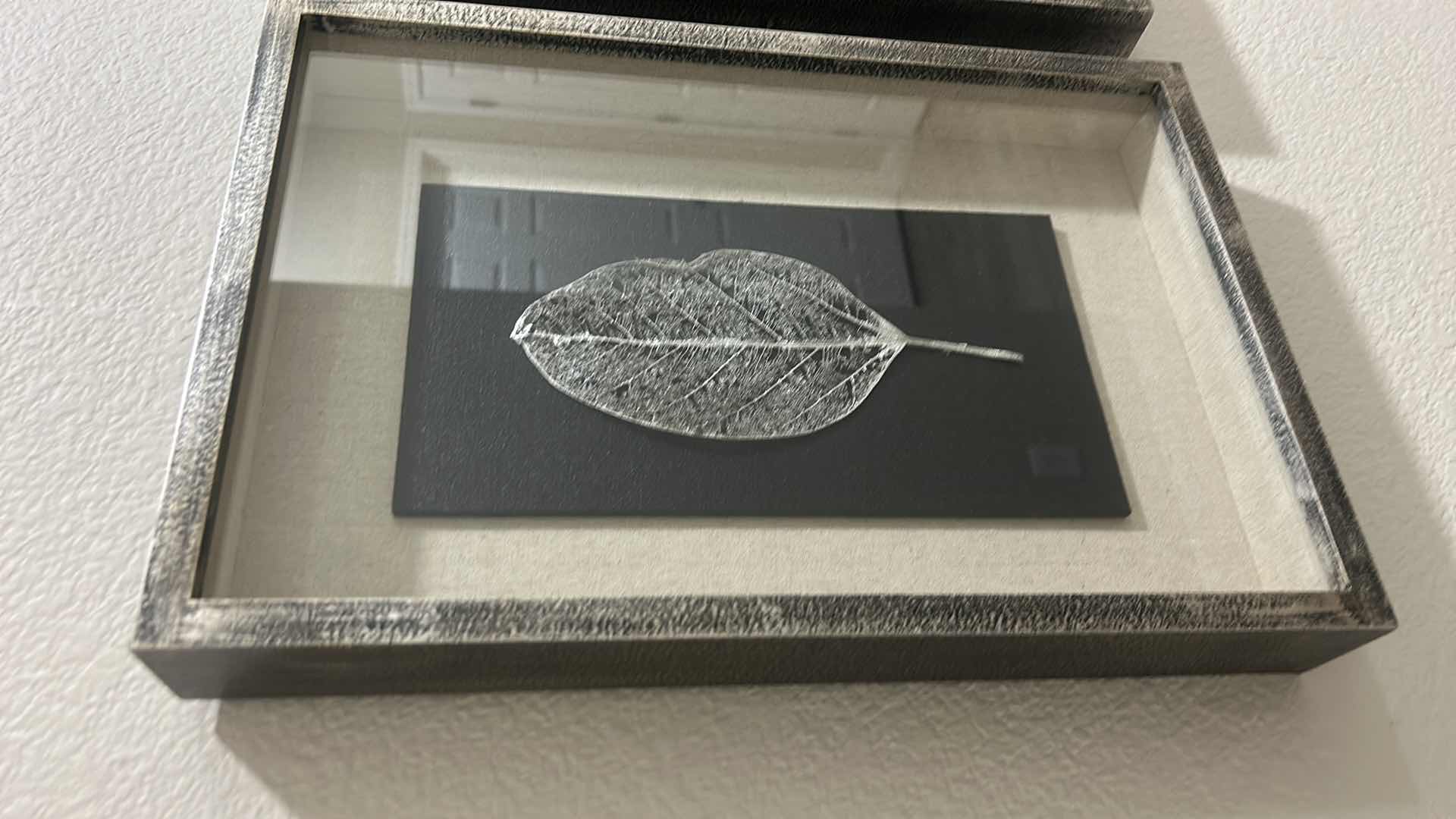 Photo 1 of GILDED LEAVES SHADOW BOXES SET OF 4 - PRESERVED LEAVES FINISHED IN ELEGANT GOLD AND SILVER LEAF, MOUNTED ON A BLACK LINEN BACKING, WITH AN OATMEAL LINEN INTERIOR LINER. SHADOW BOXES ARE FRAMED IN A HEAVILY BURNISHED SILVER LEAF.
DIMENSIONS: 12 W X 17 H X