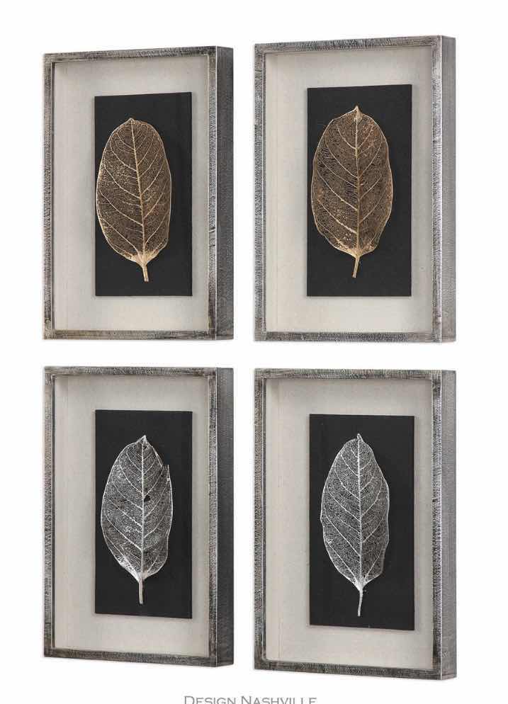 Photo 1 of GILDED LEAVES SHADOW BOXES SET OF 4 - PRESERVED LEAVES FINISHED IN ELEGANT GOLD AND SILVER LEAF, MOUNTED ON A BLACK LINEN BACKING, WITH AN OATMEAL LINEN INTERIOR LINER. SHADOW BOXES ARE FRAMED IN A HEAVILY BURNISHED SILVER LEAF.
DIMENSIONS: 12 W X 17 H X