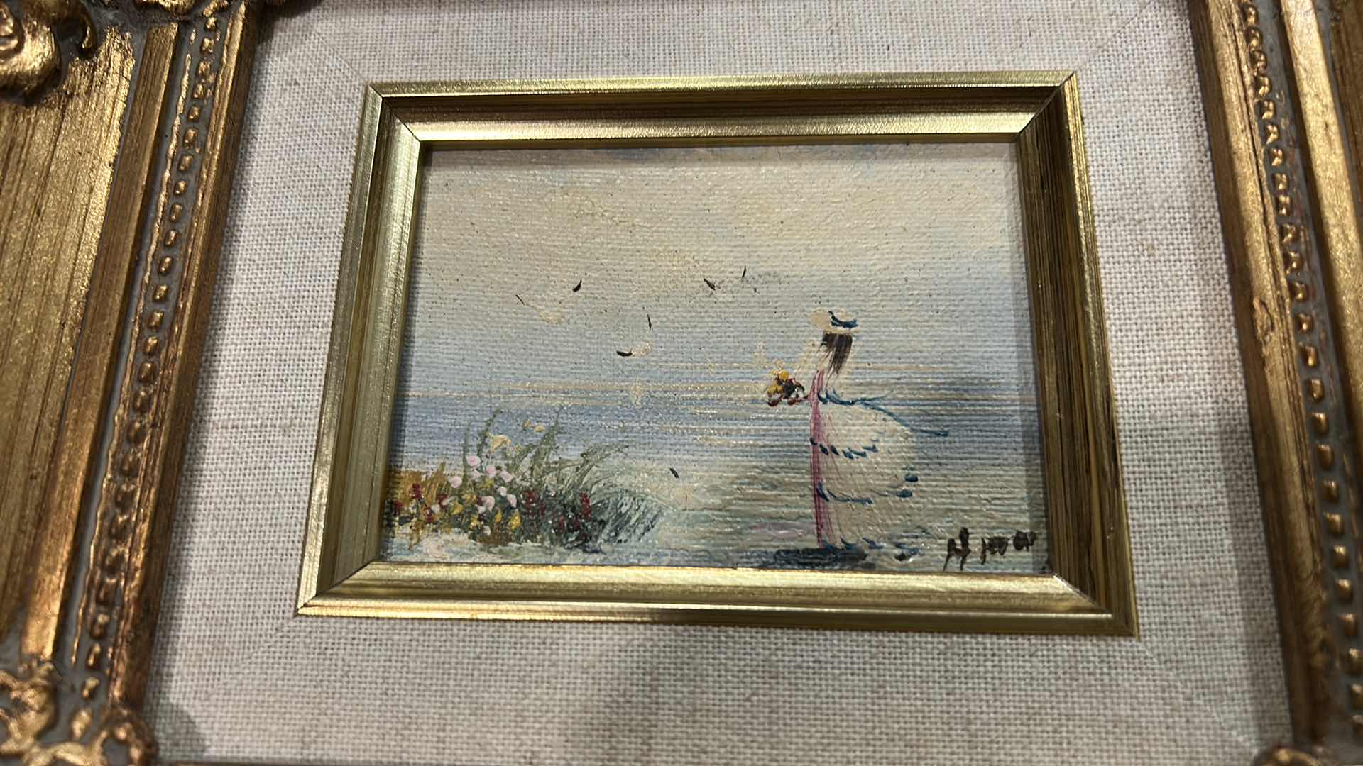 Photo 1 of $265 SMALL ORNATE GILDED WOOD FRAMED, VINTAGE IMPRESSIONIST-STYLE OIL PAINTING ON CANVAS, “GIRL BY THE SEA” SIGNED ARTWORK 9” X H9 1/4”