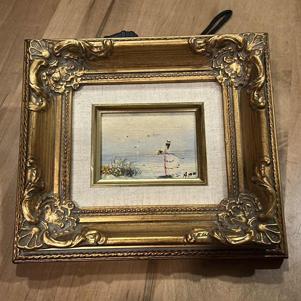 Photo 1 of $265 SMALL ORNATE GILDED WOOD FRAMED, VINTAGE IMPRESSIONIST-STYLE OIL PAINTING ON CANVAS, “GIRL BY THE SEA” SIGNED ARTWORK 9” X H9 1/4”