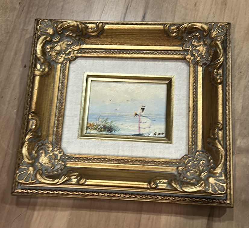 Photo 1 of $265 SMALL ORNATE GILDED WOOD FRAMED, VINTAGE IMPRESSIONIST-STYLE OIL PAINTING ON CANVAS, “GIRL BY THE SEA” SIGNED ARTWORK 9” X H9 1/4”
