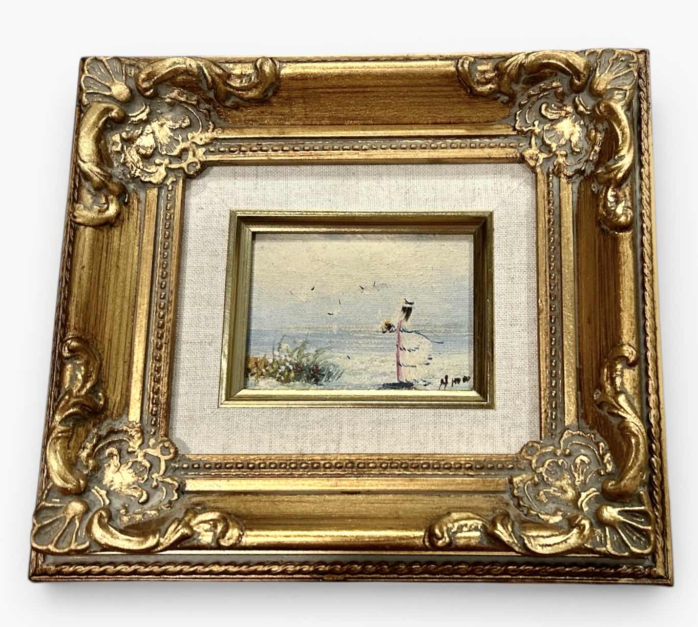 Photo 1 of $265 SMALL ORNATE GILDED WOOD FRAMED, VINTAGE IMPRESSIONIST-STYLE OIL PAINTING ON CANVAS, “GIRL BY THE SEA” SIGNED ARTWORK 9” X H9 1/4”