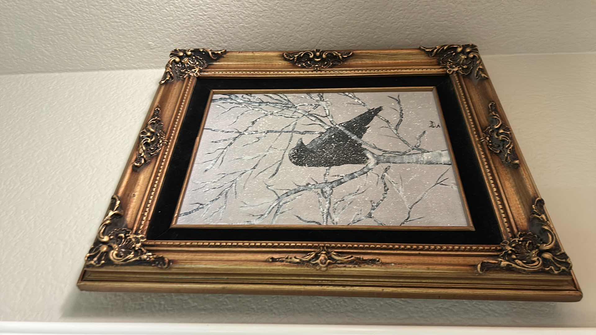 Photo 1 of ORNATE GILDED WOOD FRAMED, OIL PAINTING ON CANVAS, “WINTER RAVEN ON BIRCH” SIGNED ARTWORK 14 1/2“ x H17 1/2“