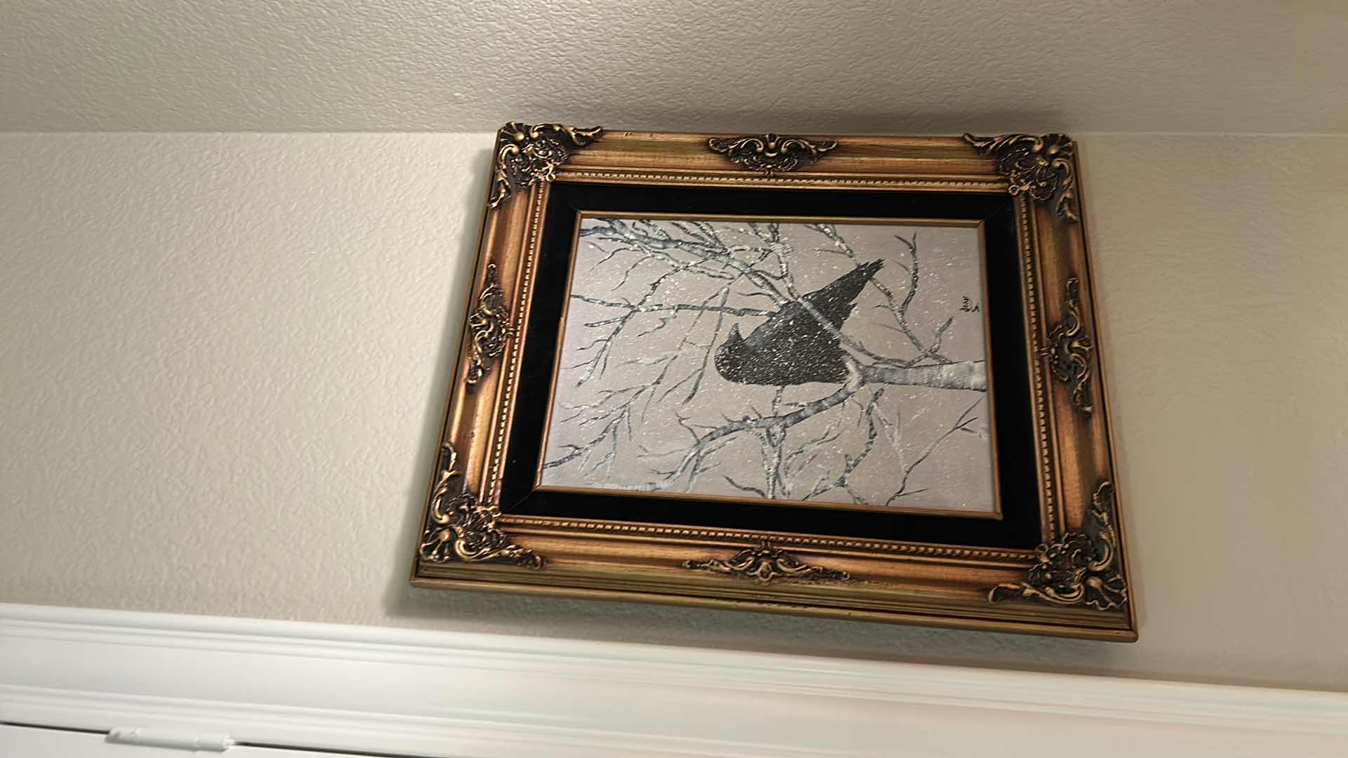 Photo 1 of ORNATE GILDED WOOD FRAMED, OIL PAINTING ON CANVAS, “WINTER RAVEN ON BIRCH” SIGNED ARTWORK 14 1/2“ x H17 1/2“