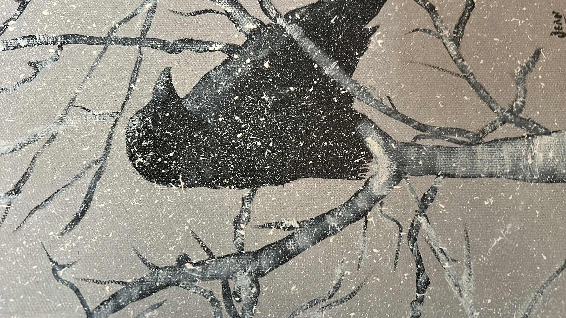 Photo 1 of ORNATE GILDED WOOD FRAMED, OIL PAINTING ON CANVAS, “WINTER RAVEN ON BIRCH” SIGNED ARTWORK 14 1/2“ x H17 1/2“