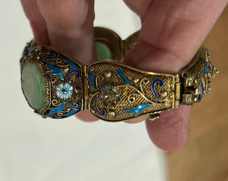 Photo 1 of 2 VINTAGE BRACELETS -VINTAGE CHINESE EXPORT BRACELET FEATURING FILIGREE WORK, BLUE ENAMEL DETAILING, AND GREEN JADEITE CABOCHONS SET IN GOLD VERMEIL OVER STERLING SILVER. LISTED ON ETSY FOR $1200 & ECCLISSI STERLING SILVER MESH BUCKLE BRACELET
