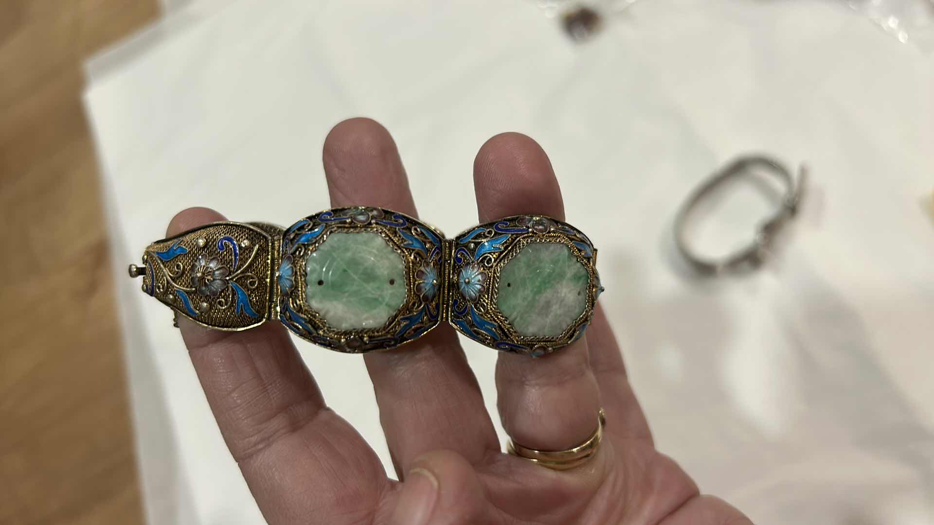 Photo 1 of 2 VINTAGE BRACELETS -VINTAGE CHINESE EXPORT BRACELET FEATURING FILIGREE WORK, BLUE ENAMEL DETAILING, AND GREEN JADEITE CABOCHONS SET IN GOLD VERMEIL OVER STERLING SILVER. LISTED ON ETSY FOR $1200 & ECCLISSI STERLING SILVER MESH BUCKLE BRACELET