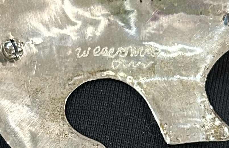 Photo 1 of VINTAGE HANDMADE SIGNED NAVAJO NATIVE AMERICAN STERLING SILVER BEAR PIN/PENDANT OFTEN REFERRED TO AS A “HEARTLINE” BEAR,” WHICH SYMBOLIZES STRENGTH, PROTECTION, AND SELF-KNOWLEDGE WITHIN NAVAJO CULTURE. 2.5”