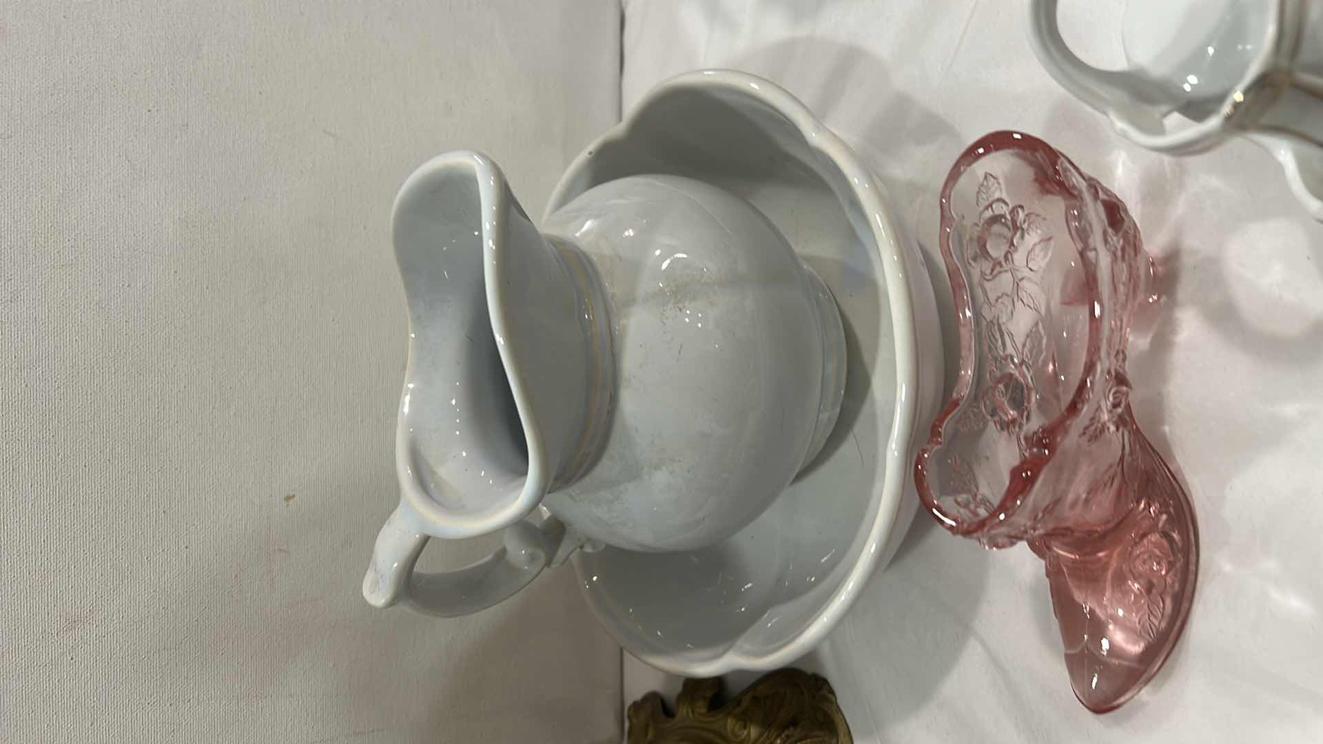 Photo 1 of VINTAGE DECOR- HAND PAINTED HURRICANE LAMP (EAGLE) R&S HAND PAINTED PORCELAIN SHOE, HAND PAINTED KELVIN FINE CHINA SHOE, 7528 MC COY PITCHER AND BOWL &
MORE