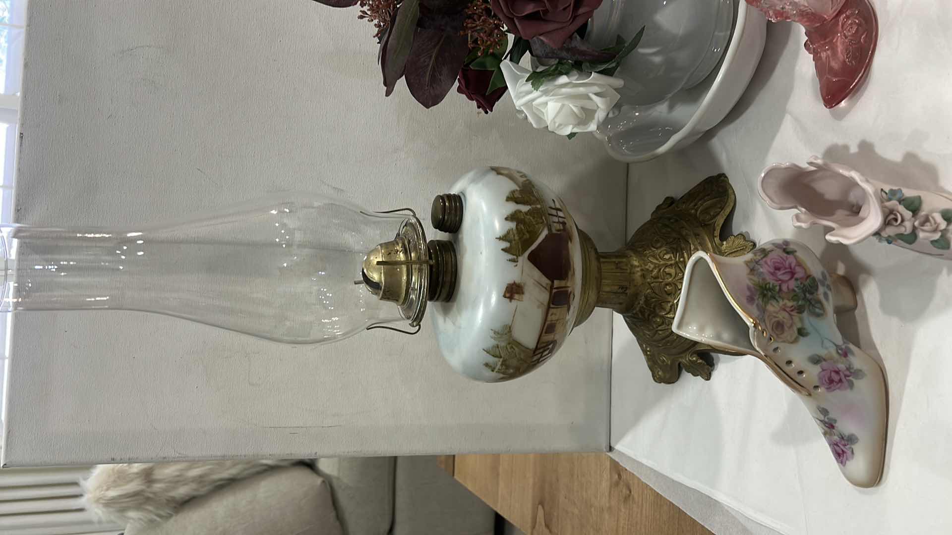 Photo 1 of VINTAGE DECOR- HAND PAINTED HURRICANE LAMP (EAGLE) R&S HAND PAINTED PORCELAIN SHOE, HAND PAINTED KELVIN FINE CHINA SHOE, 7528 MC COY PITCHER AND BOWL &
MORE