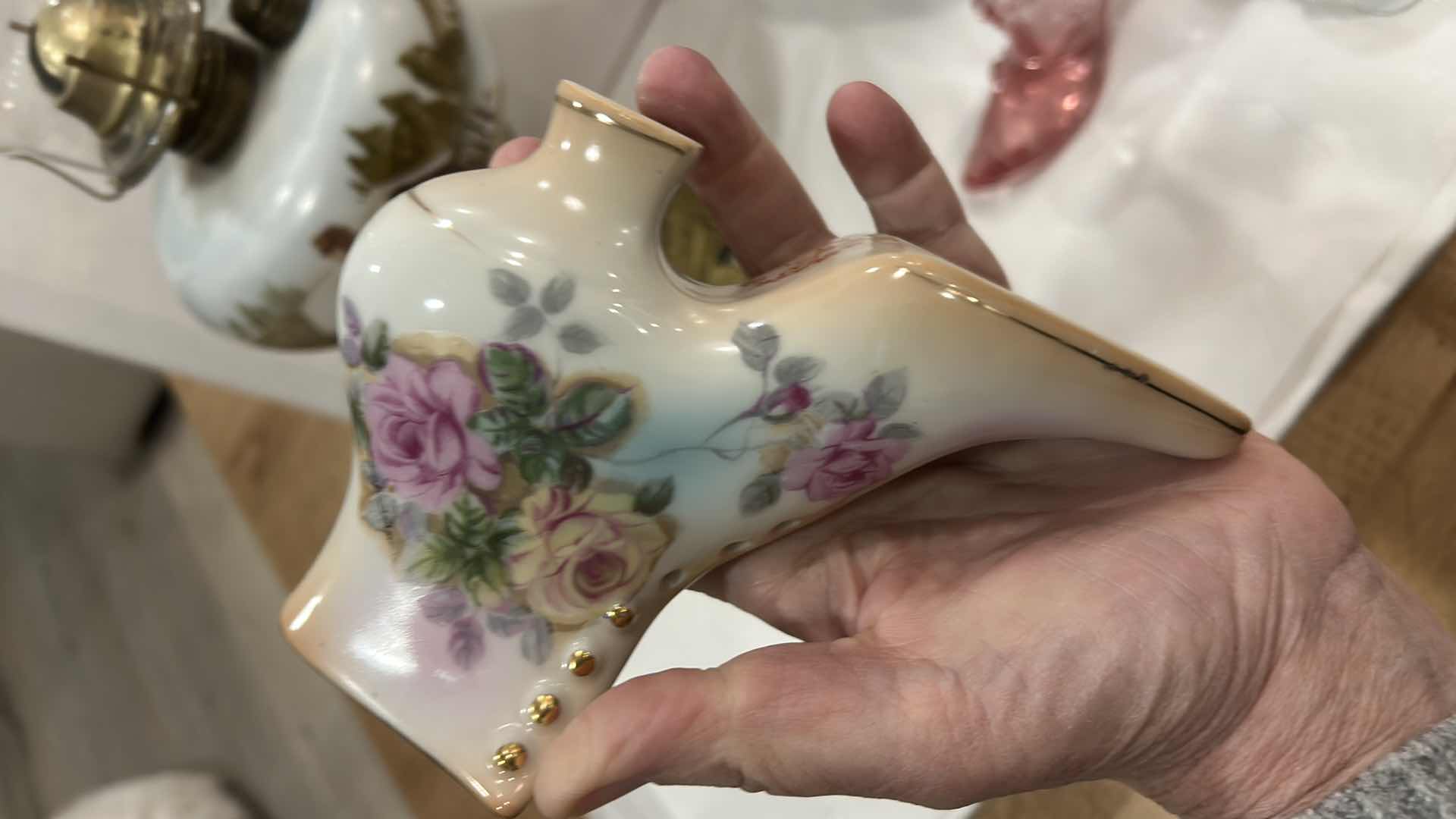 Photo 1 of VINTAGE DECOR- HAND PAINTED HURRICANE LAMP (EAGLE) R&S HAND PAINTED PORCELAIN SHOE, HAND PAINTED KELVIN FINE CHINA SHOE, 7528 MC COY PITCHER AND BOWL &
MORE