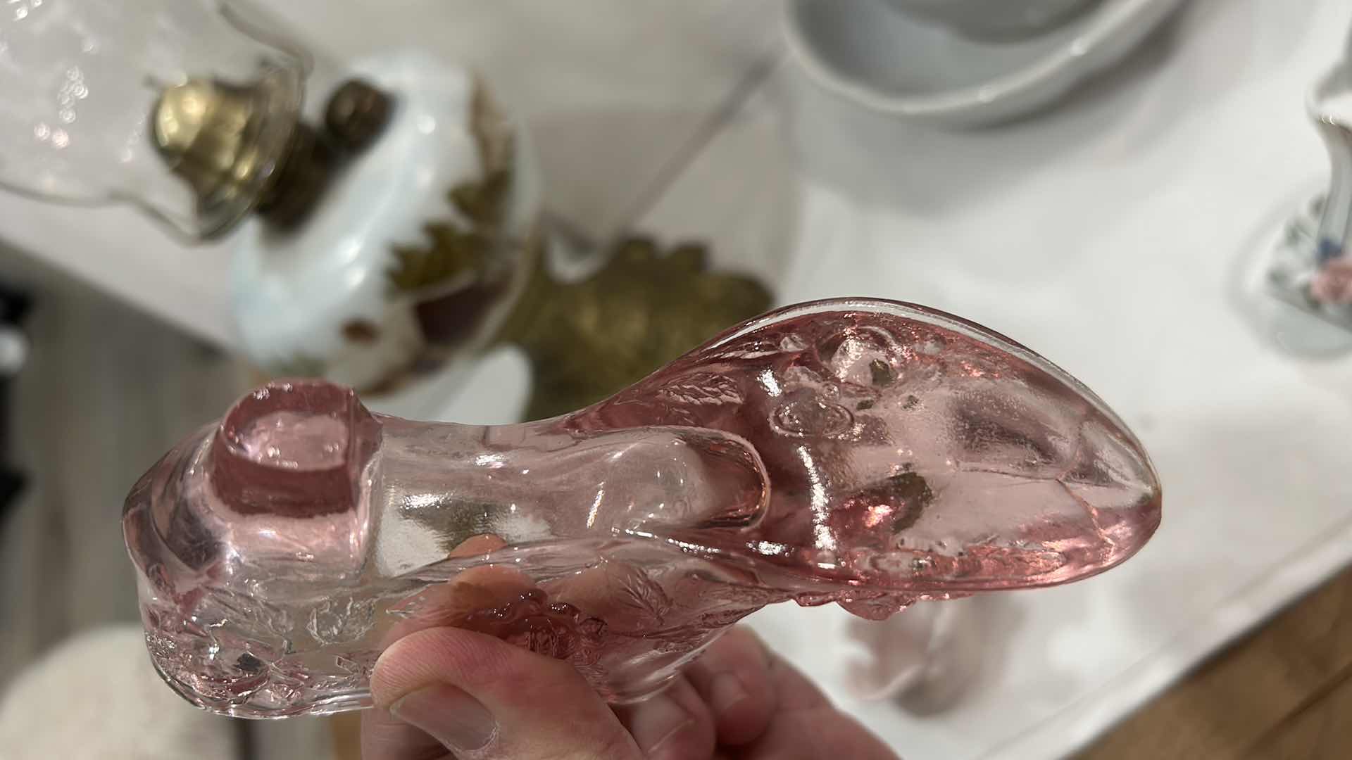 Photo 1 of VINTAGE DECOR- HAND PAINTED HURRICANE LAMP (EAGLE) R&S HAND PAINTED PORCELAIN SHOE, HAND PAINTED KELVIN FINE CHINA SHOE, 7528 MC COY PITCHER AND BOWL &
MORE