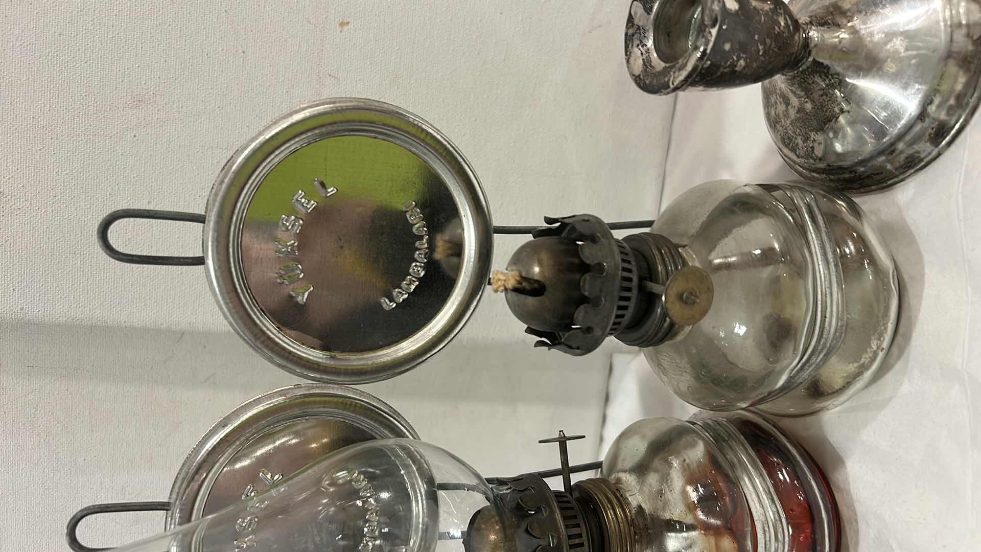 Photo 1 of 2 ANTIQUE YUKSEL LAMBALARI OIL LAMP WALL MOUNTED WITH REFLECTOR FRENCH GLASS & 1 HURRICANE GLASS & 2 DUCHIN STERLING WEIGHTED CANDLE HOLDERS