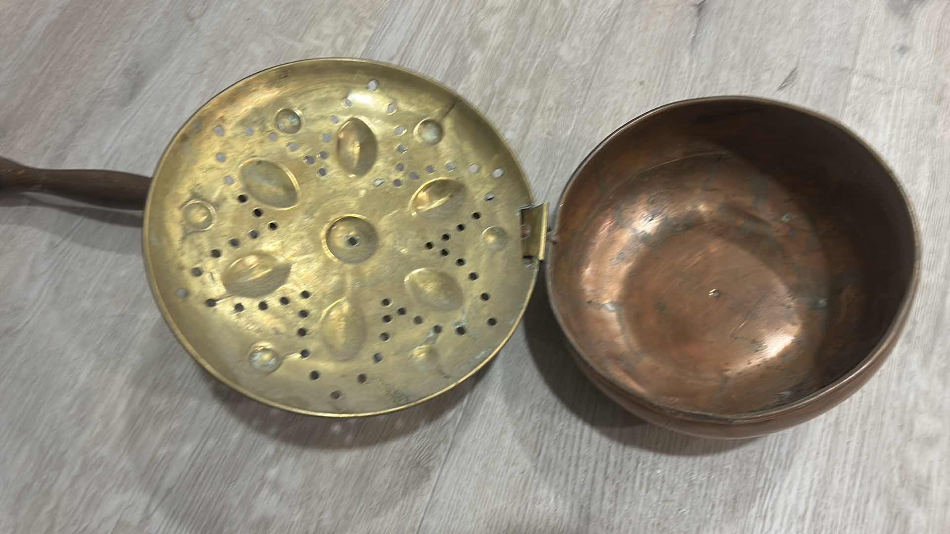 Photo 1 of BRASS AND COPPER BED WARMER WITH WOODEN HANDLE, HOLLAND