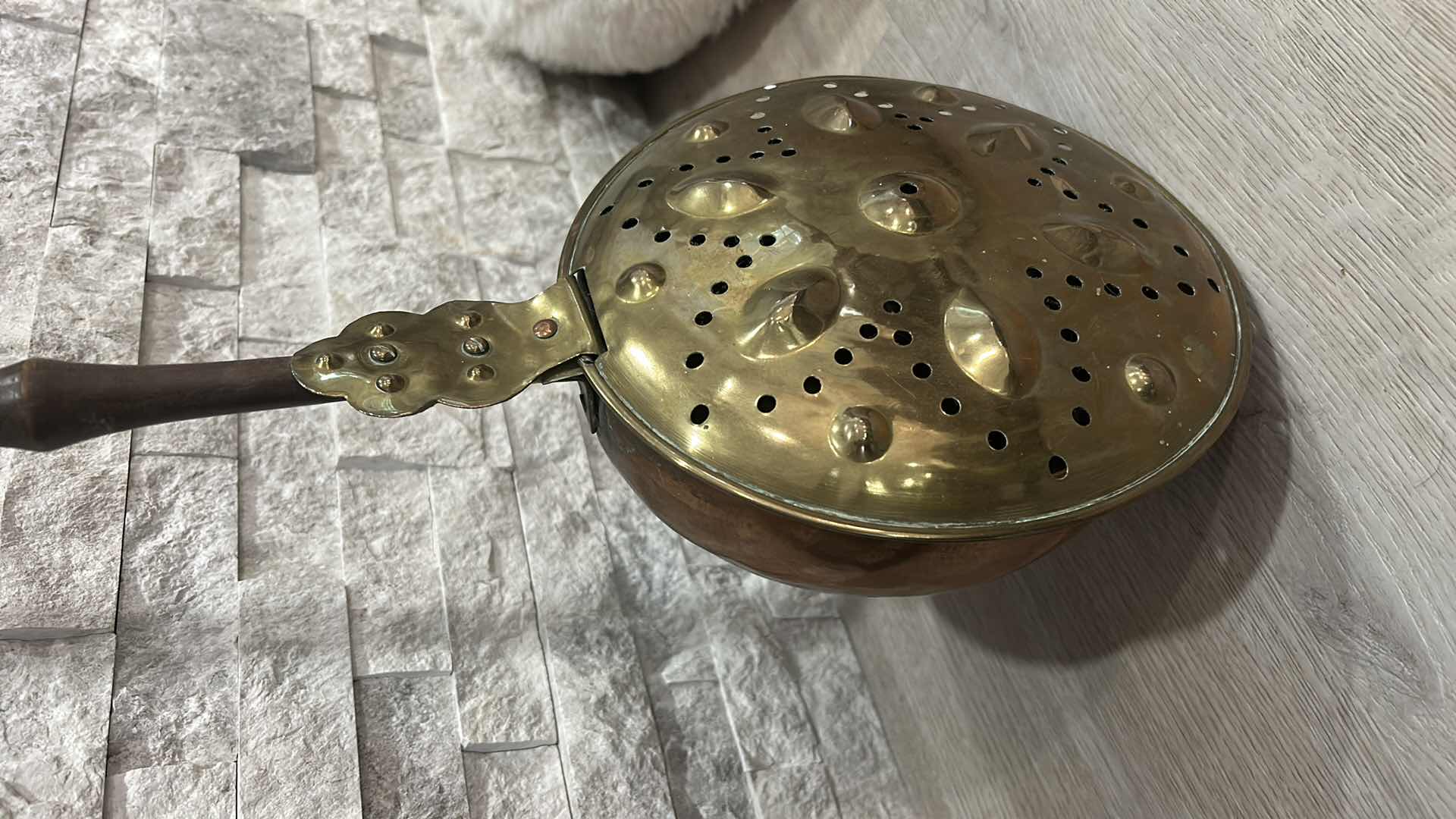 Photo 1 of BRASS AND COPPER BED WARMER WITH WOODEN HANDLE, HOLLAND