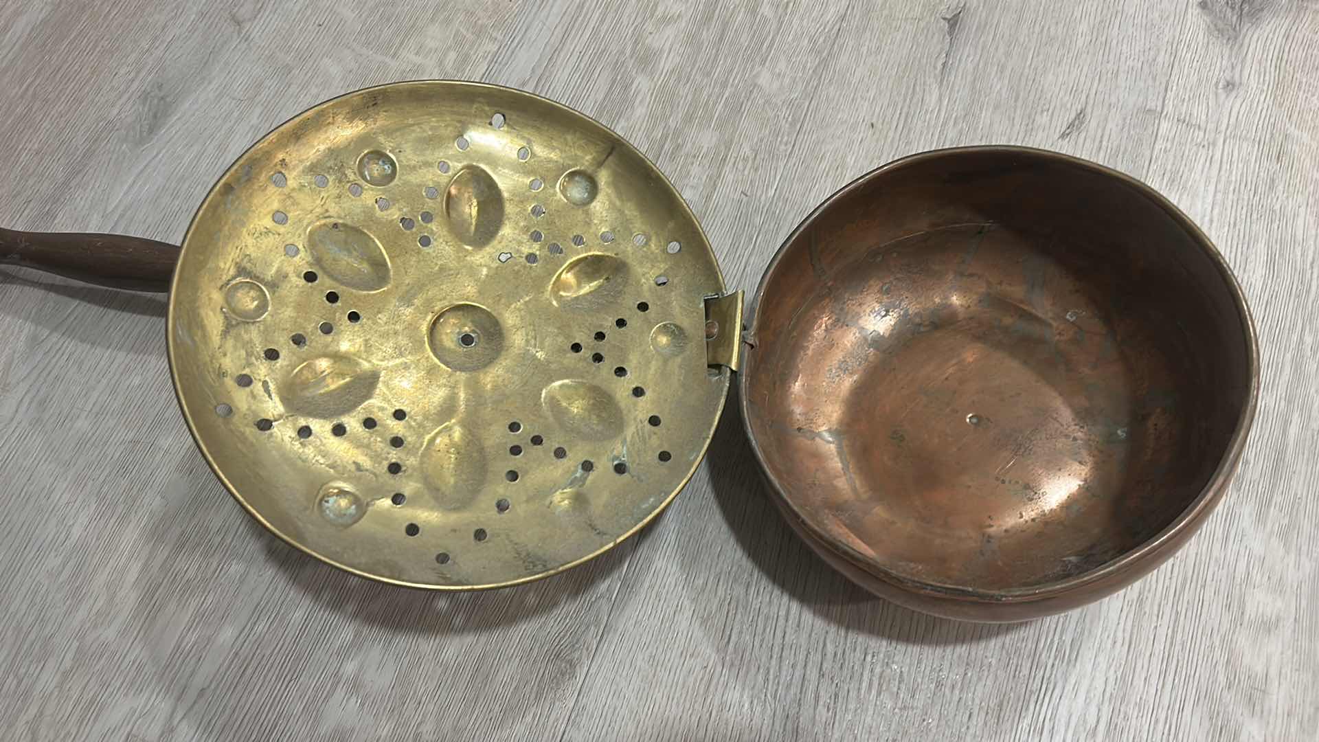 Photo 1 of BRASS AND COPPER BED WARMER WITH WOODEN HANDLE, HOLLAND