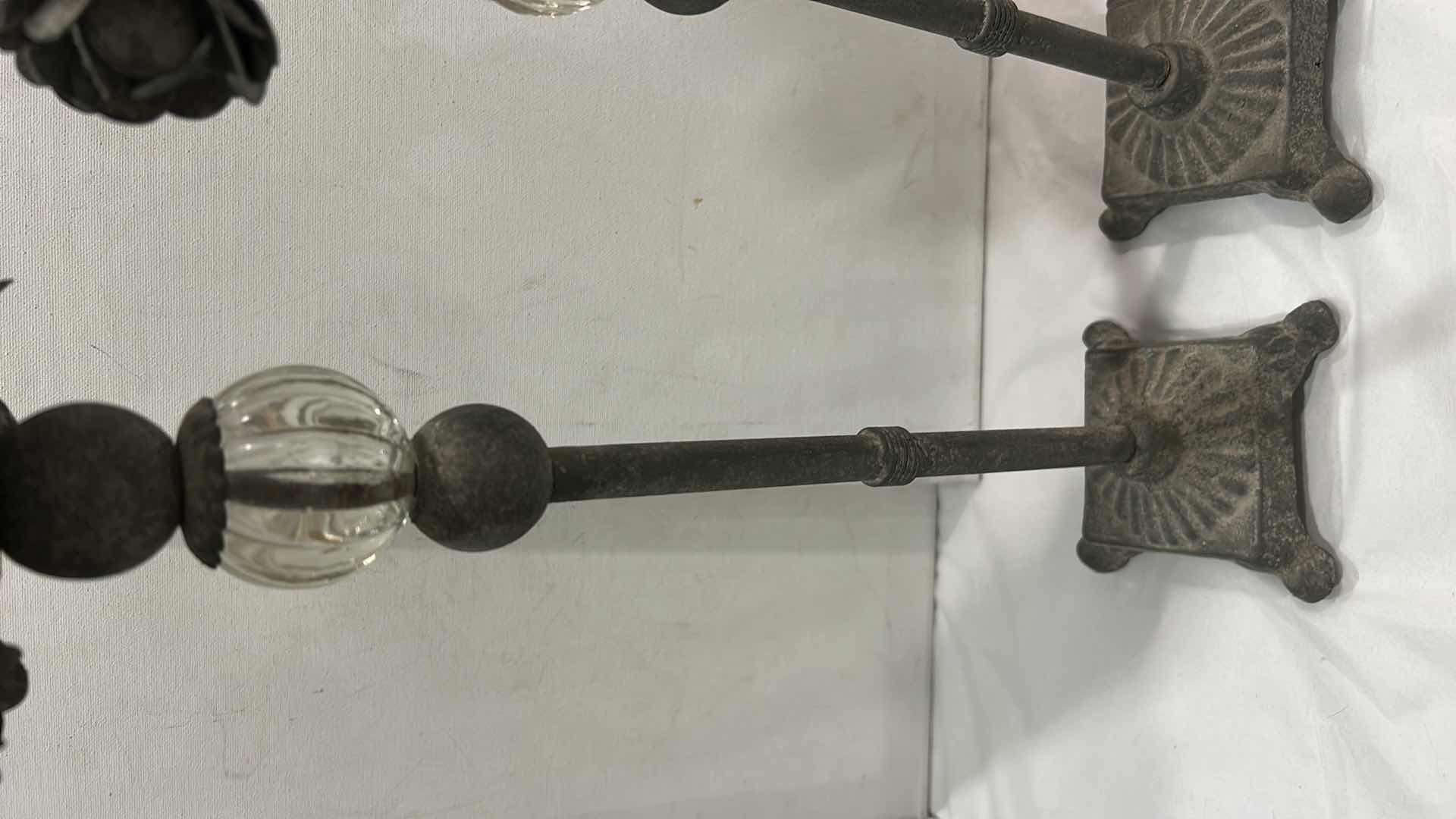 Photo 1 of PARK DESIGNS VINTAGE-STYLE METAL PILLAR CANDLE HOLDERS, ACCENTED FLOWER DESIGN WITH GLASS ORBS. (TALLEST WITHOUT CANDLE H17.5”)