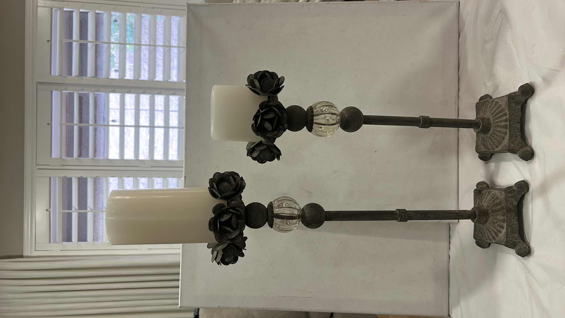 Photo 1 of PARK DESIGNS VINTAGE-STYLE METAL PILLAR CANDLE HOLDERS, ACCENTED FLOWER DESIGN WITH GLASS ORBS. (TALLEST WITHOUT CANDLE H17.5”)
