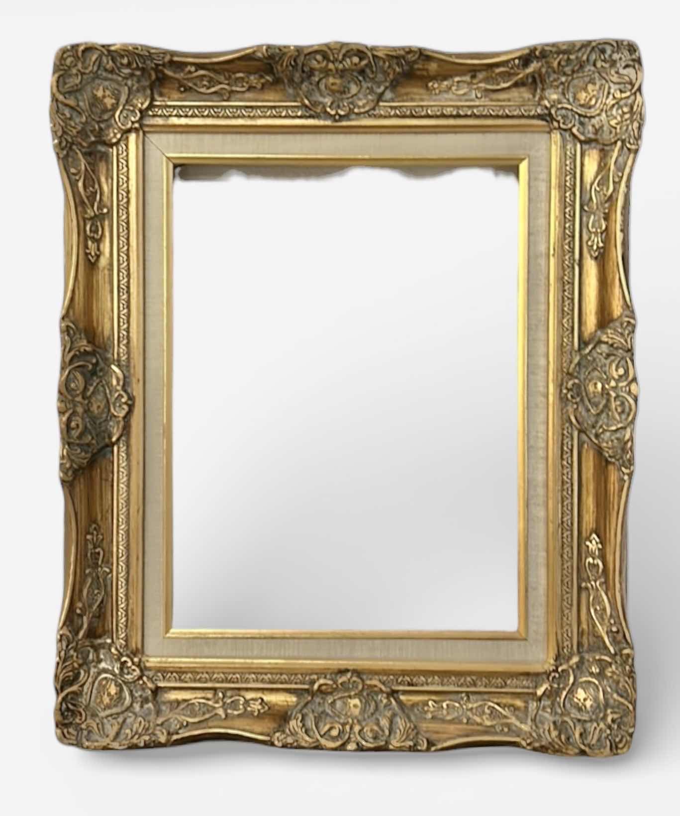 Photo 1 of ANTIQUE ORNATE WOOD GOLD PICTURE FRAME, FEATURING BAROQUE OR ROCOCO STYLE CARVINGS. 19” x H22 1/2”