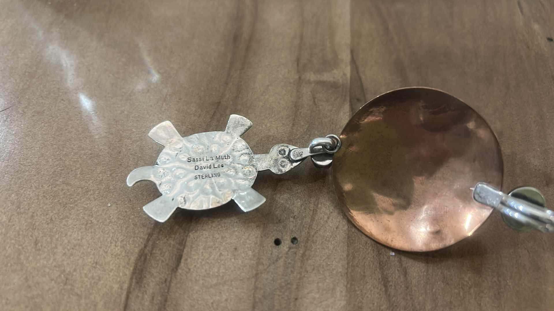 Photo 1 of 4.25” HANDMADE, SIGNED, STERLING AND COPPER PENDANT WITH RAINBOW MOONSTONE, IOLITE, GARNET AND BOULDER OPAL • Signed Sassi La Muth / David Lee