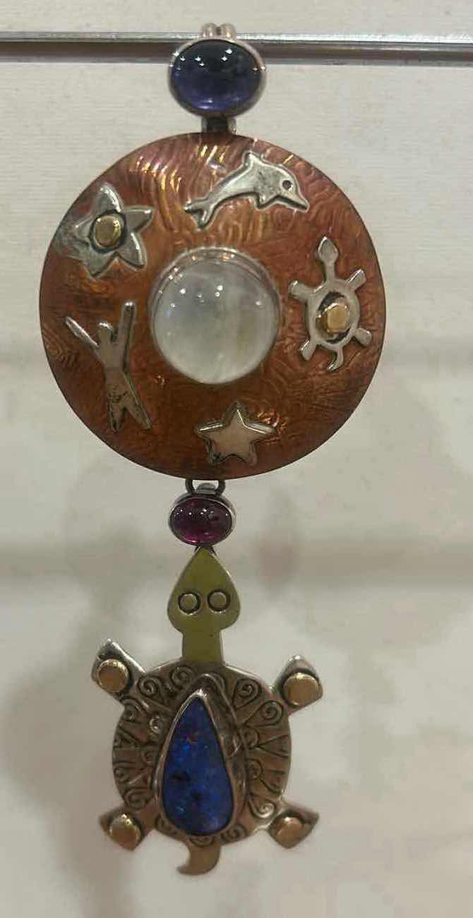 Photo 1 of 4.25” HANDMADE, SIGNED, STERLING AND COPPER PENDANT WITH RAINBOW MOONSTONE, IOLITE, GARNET AND BOULDER OPAL • Signed Sassi La Muth / David Lee