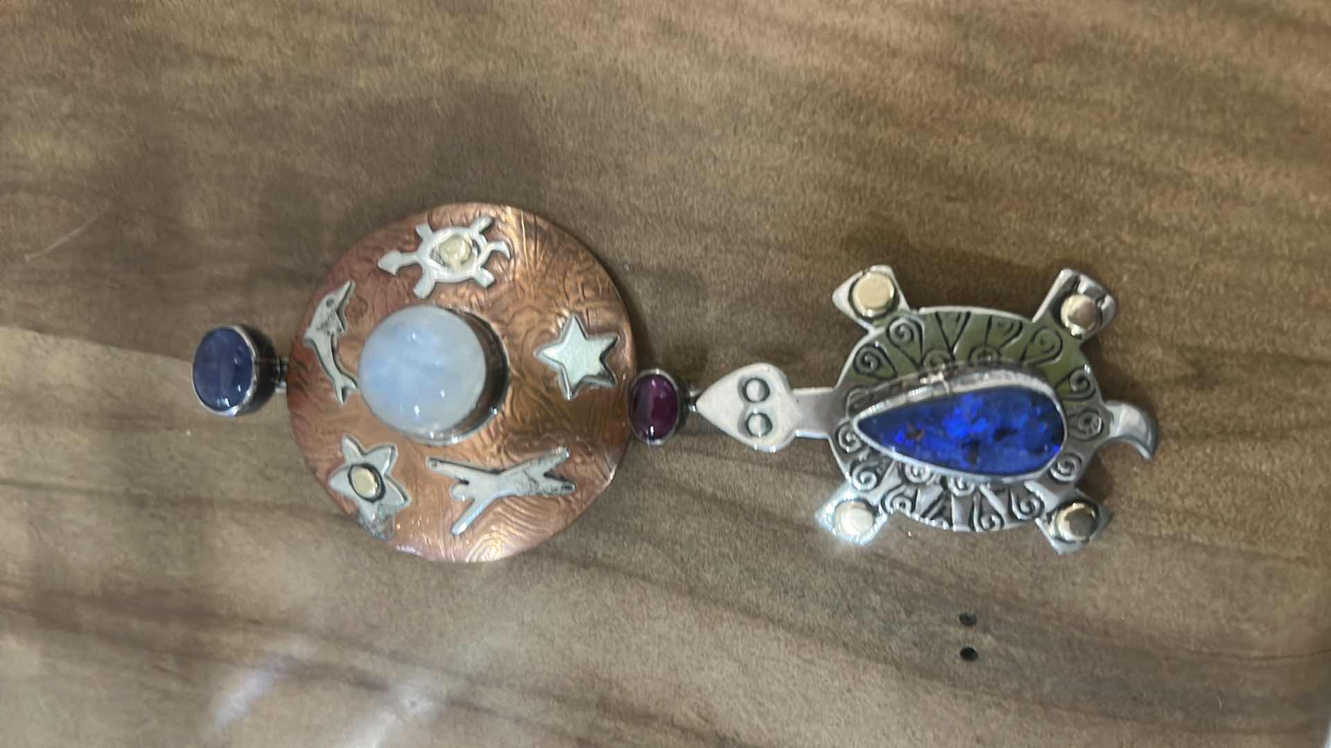 Photo 1 of 4.25” HANDMADE, SIGNED, STERLING AND COPPER PENDANT WITH RAINBOW MOONSTONE, IOLITE, GARNET AND BOULDER OPAL • Signed Sassi La Muth / David Lee