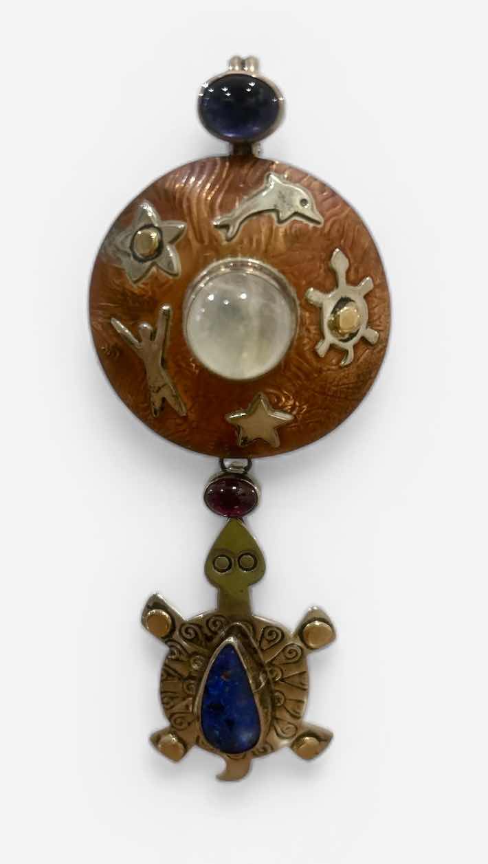Photo 1 of 4.25” HANDMADE, SIGNED, STERLING AND COPPER PENDANT WITH RAINBOW MOONSTONE, IOLITE, GARNET AND BOULDER OPAL • Signed Sassi La Muth / David Lee