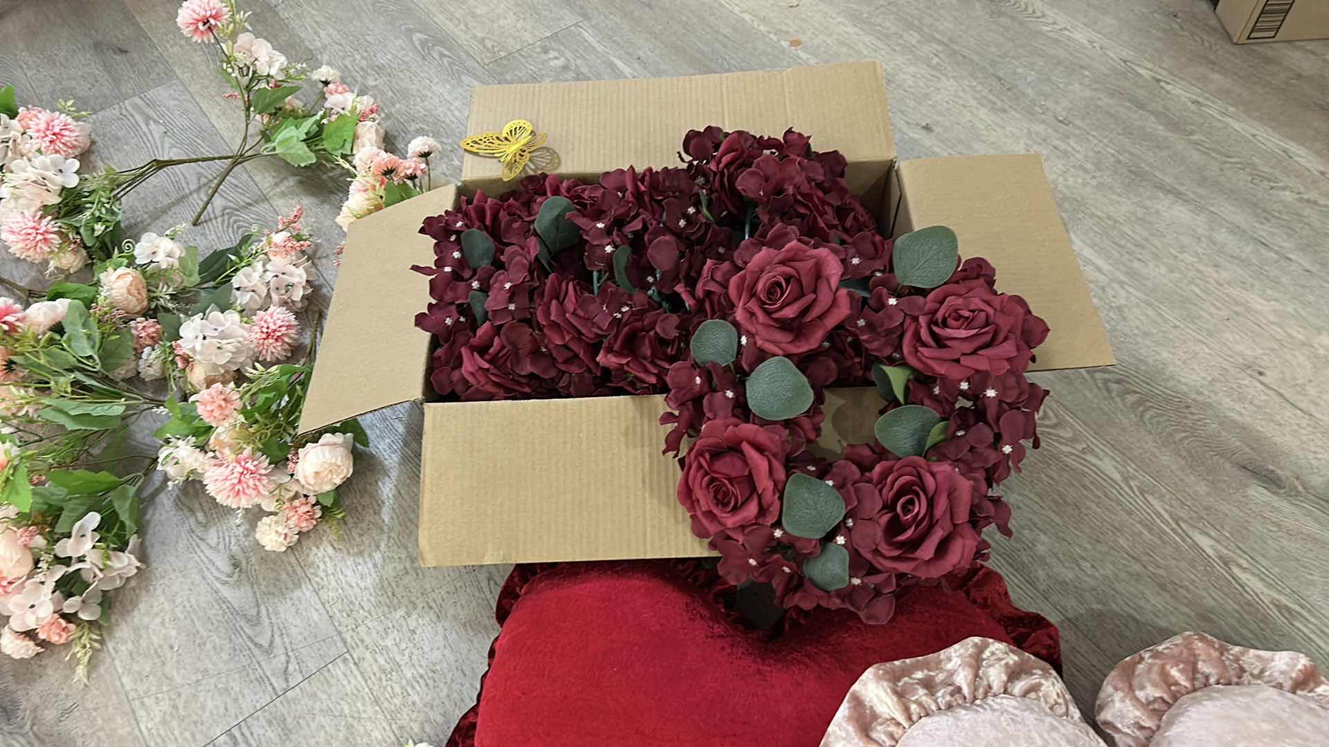 Photo 1 of PINK AND RED PARTY DECORATIONS, 2 NEW LONG RECTANGLE WHITE TABLECLOTH, LIGHT UP LOVE SIGN, BOWS, BALLOONS, CHAIR COVERD, CHAIR SASHES, FLORAL AND MORE