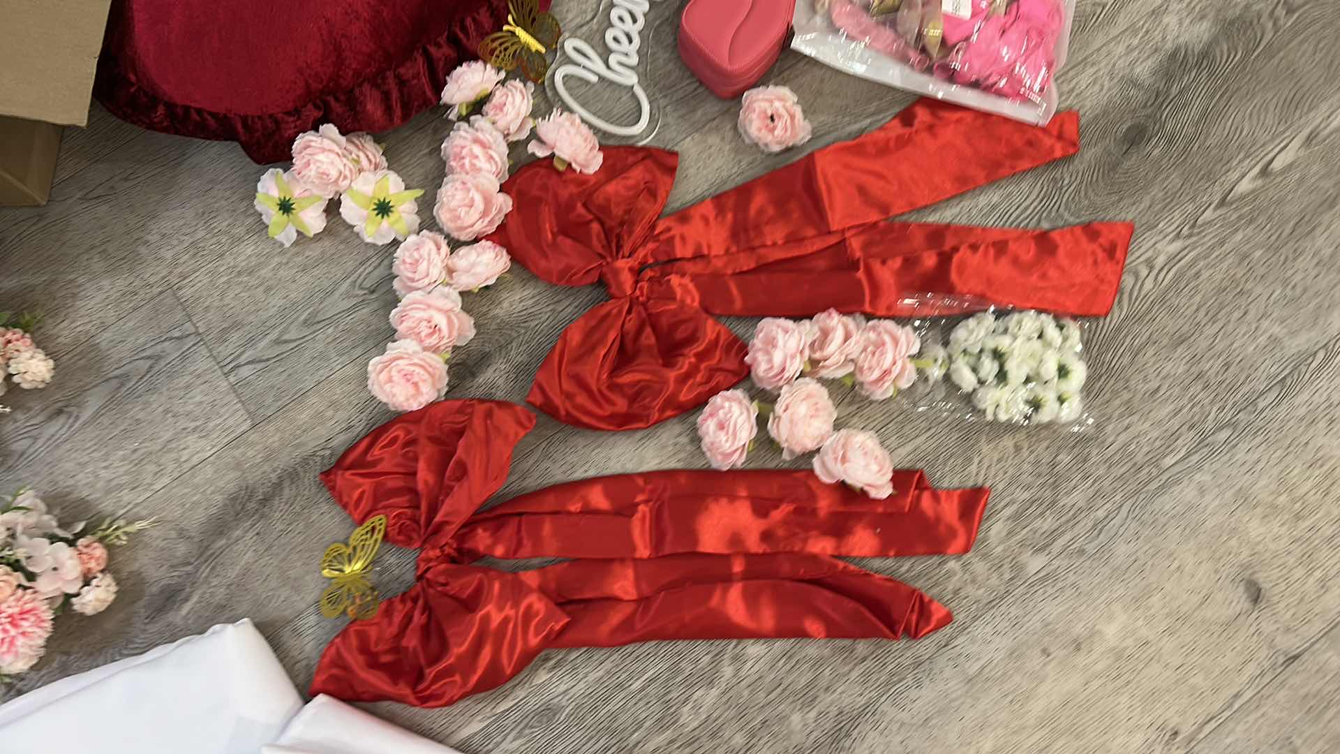 Photo 1 of PINK AND RED PARTY DECORATIONS, 2 NEW LONG RECTANGLE WHITE TABLECLOTH, LIGHT UP LOVE SIGN, BOWS, BALLOONS, CHAIR COVERD, CHAIR SASHES, FLORAL AND MORE