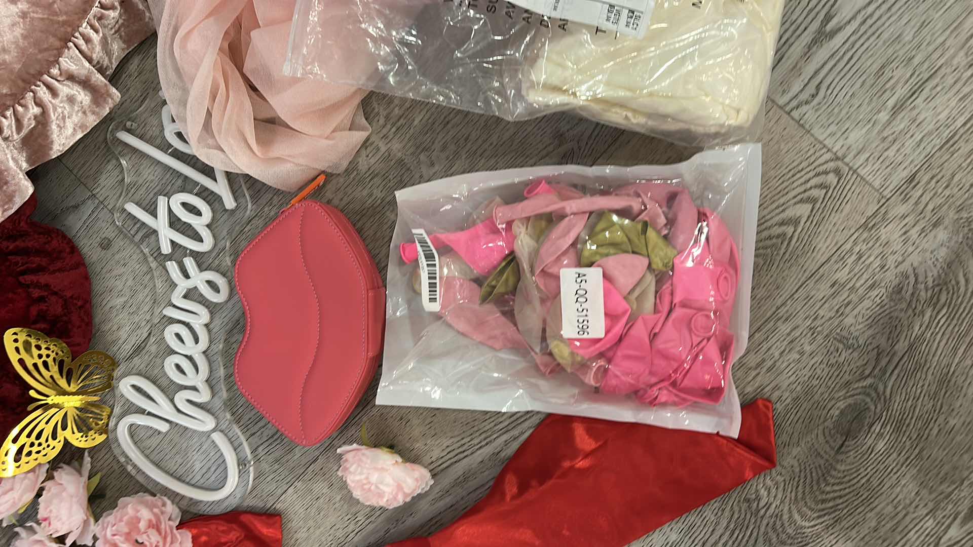 Photo 1 of PINK AND RED PARTY DECORATIONS, 2 NEW LONG RECTANGLE WHITE TABLECLOTH, LIGHT UP LOVE SIGN, BOWS, BALLOONS, CHAIR COVERD, CHAIR SASHES, FLORAL AND MORE