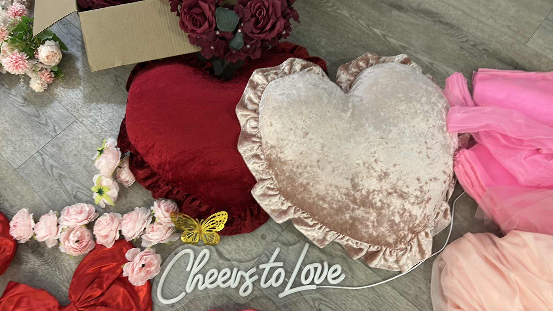 Photo 1 of PINK AND RED PARTY DECORATIONS, 2 NEW LONG RECTANGLE WHITE TABLECLOTH, LIGHT UP LOVE SIGN, BOWS, BALLOONS, CHAIR COVERD, CHAIR SASHES, FLORAL AND MORE