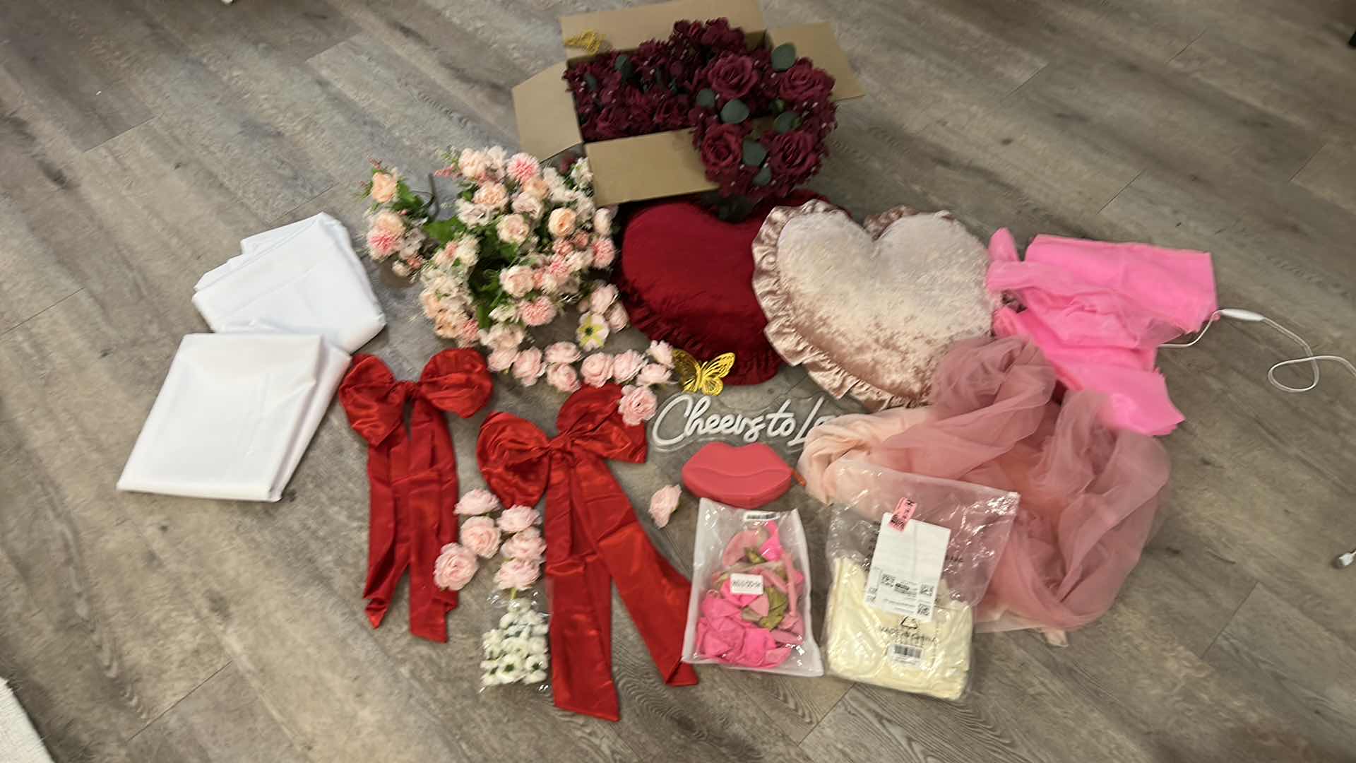 Photo 1 of PINK AND RED PARTY DECORATIONS, 2 NEW LONG RECTANGLE WHITE TABLECLOTH, LIGHT UP LOVE SIGN, BOWS, BALLOONS, CHAIR COVERD, CHAIR SASHES, FLORAL AND MORE