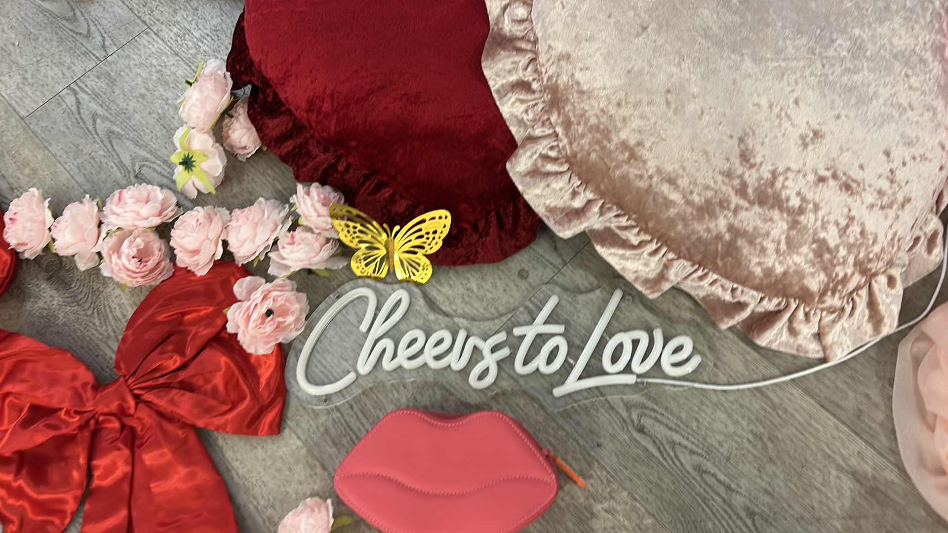 Photo 1 of PINK AND RED PARTY DECORATIONS, 2 NEW LONG RECTANGLE WHITE TABLECLOTH, LIGHT UP LOVE SIGN, BOWS, BALLOONS, CHAIR COVERD, CHAIR SASHES, FLORAL AND MORE