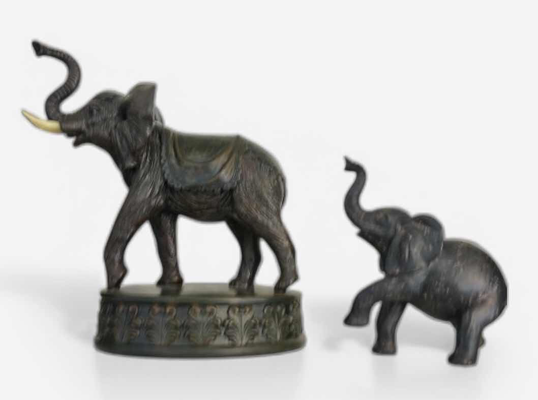 Photo 1 of 2 ELEPHANT FIGURINES, (LARGEST WOOD AND PLASTER H11”)