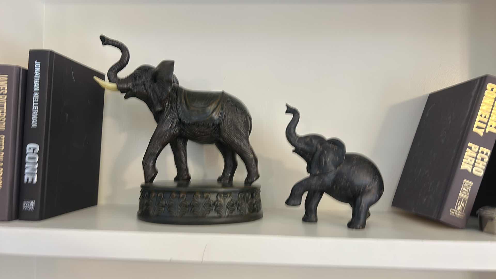 Photo 1 of 2 ELEPHANT FIGURINES, (LARGEST WOOD AND PLASTER H11”)