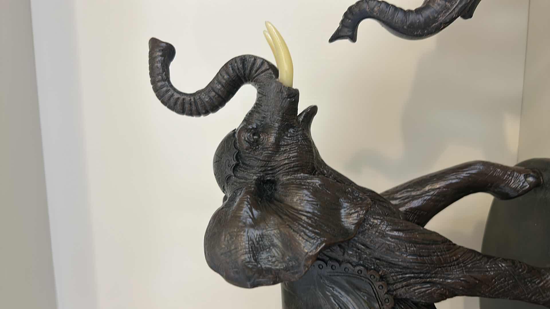 Photo 1 of 2 ELEPHANT FIGURINES, (LARGEST WOOD AND PLASTER H11”)