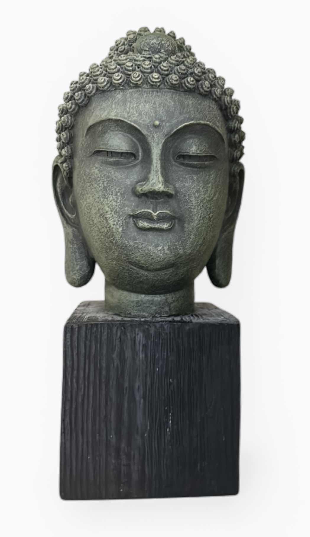 Photo 1 of DECORATIVE BUDDHA BUST FIGURINE MOUNTED ON A PEDESTAL BASE H11”.