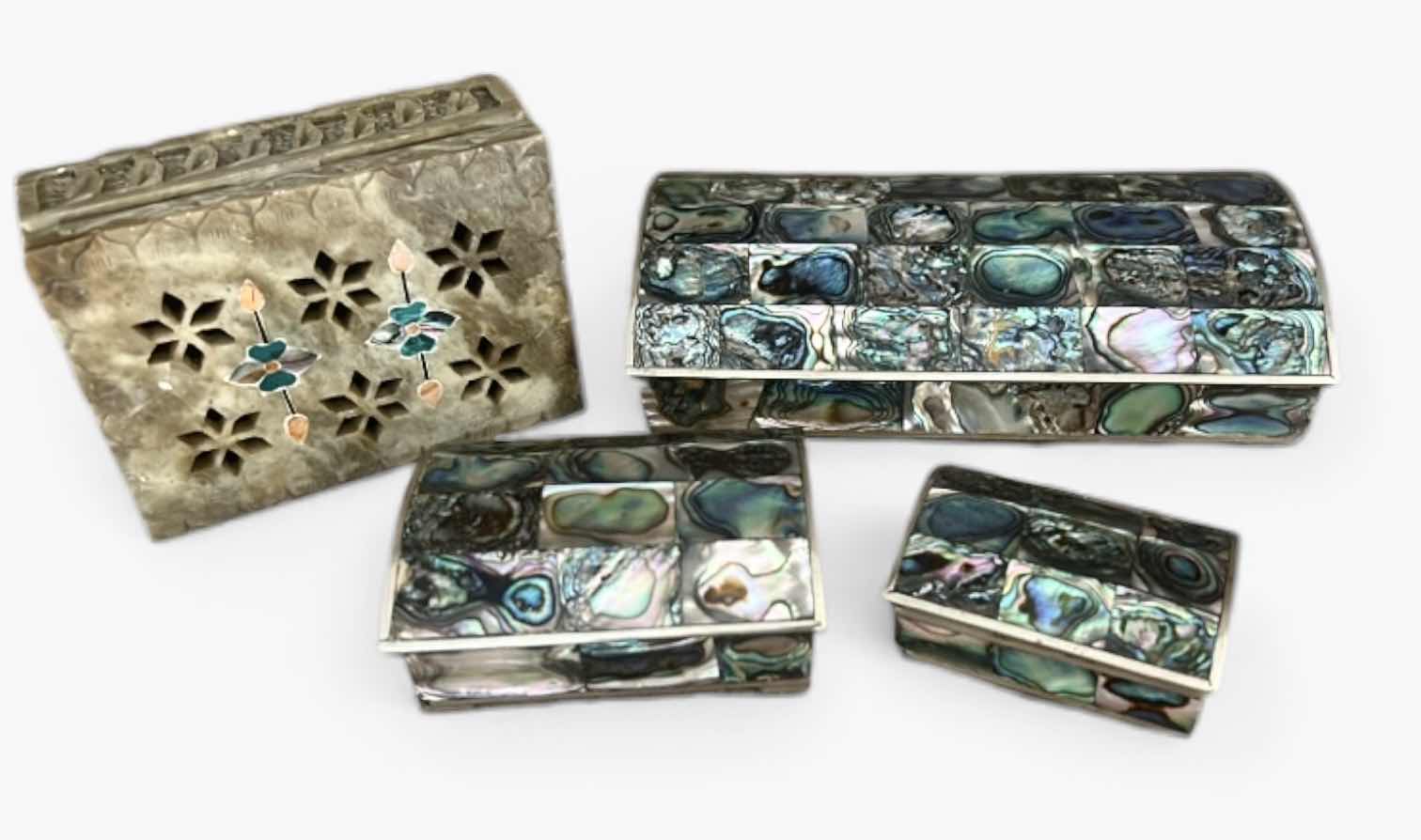 Photo 1 of 4 TRINKET BOXES, HANDCRAFTED FROM ABALONE SHELL TILES INLAID IN ALPACA SILVER. AND 1 INLAID SOAPSTONE BOX