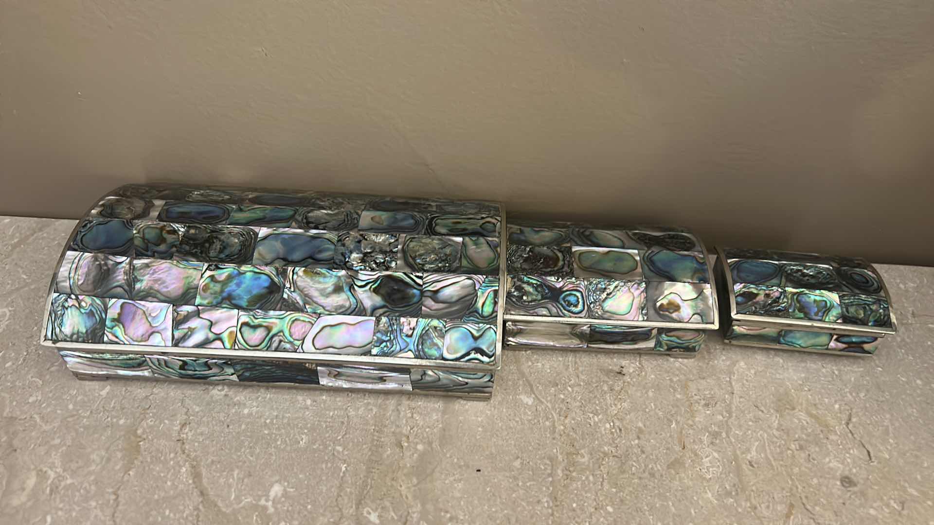 Photo 1 of 4 TRINKET BOXES, HANDCRAFTED FROM ABALONE SHELL TILES INLAID IN ALPACA SILVER. AND 1 INLAID SOAPSTONE BOX