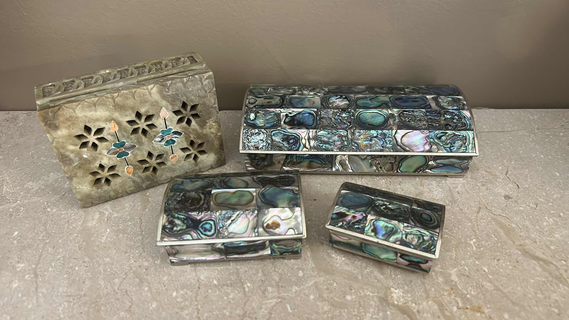 Photo 1 of 4 TRINKET BOXES, HANDCRAFTED FROM ABALONE SHELL TILES INLAID IN ALPACA SILVER. AND 1 INLAID SOAPSTONE BOX