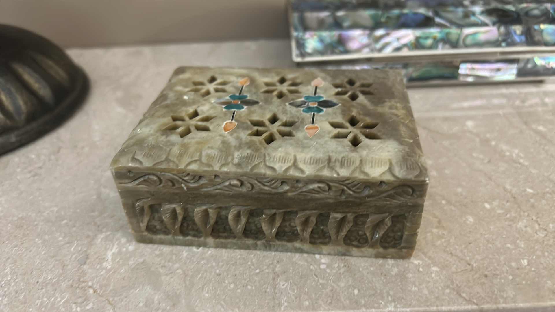 Photo 1 of 4 TRINKET BOXES, HANDCRAFTED FROM ABALONE SHELL TILES INLAID IN ALPACA SILVER. AND 1 INLAID SOAPSTONE BOX