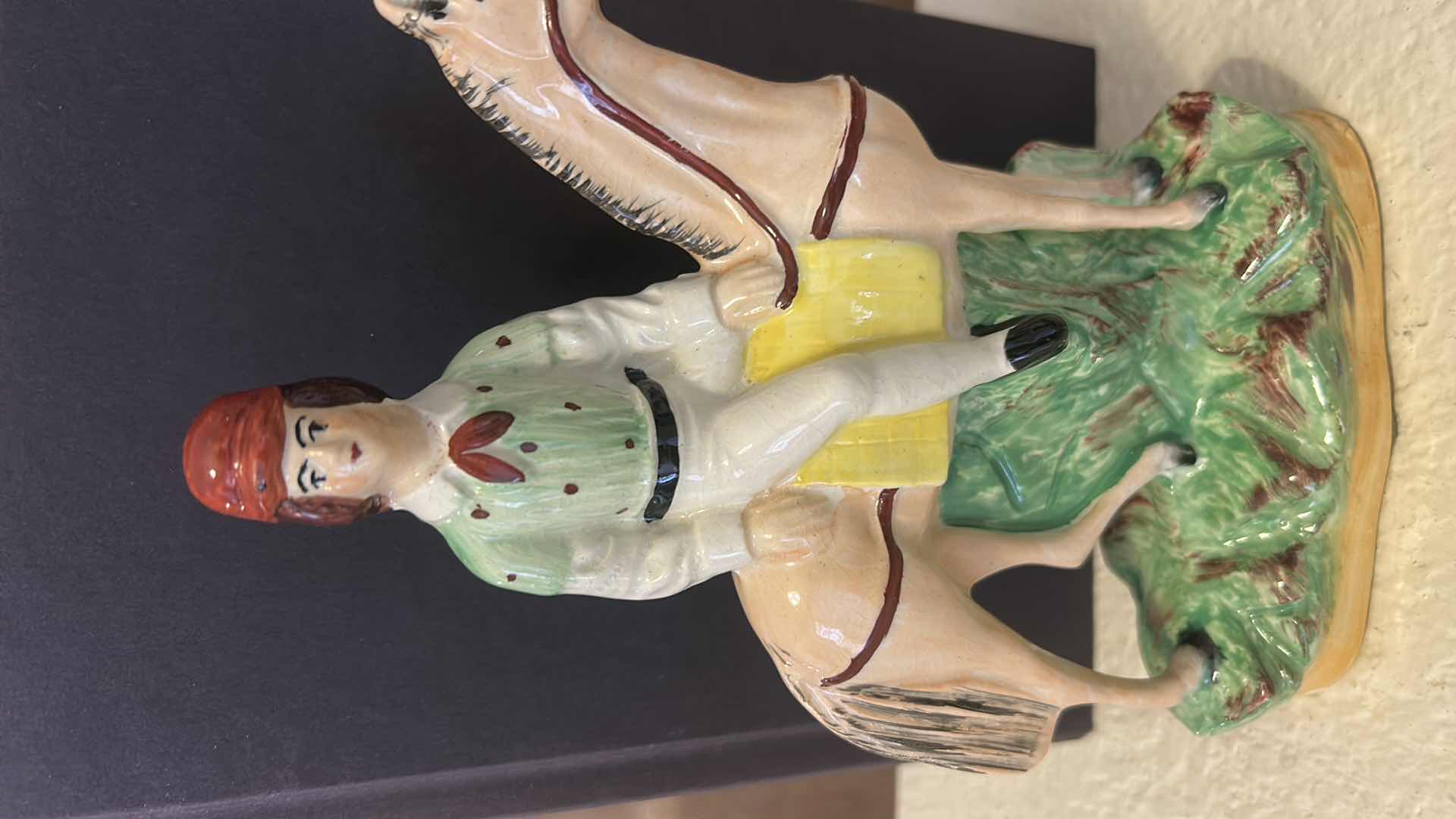 Photo 1 of ANTIQUE STAFFORDSHIRE WARE ENGLAND FIGURINE — RIDING A HORSE H8”