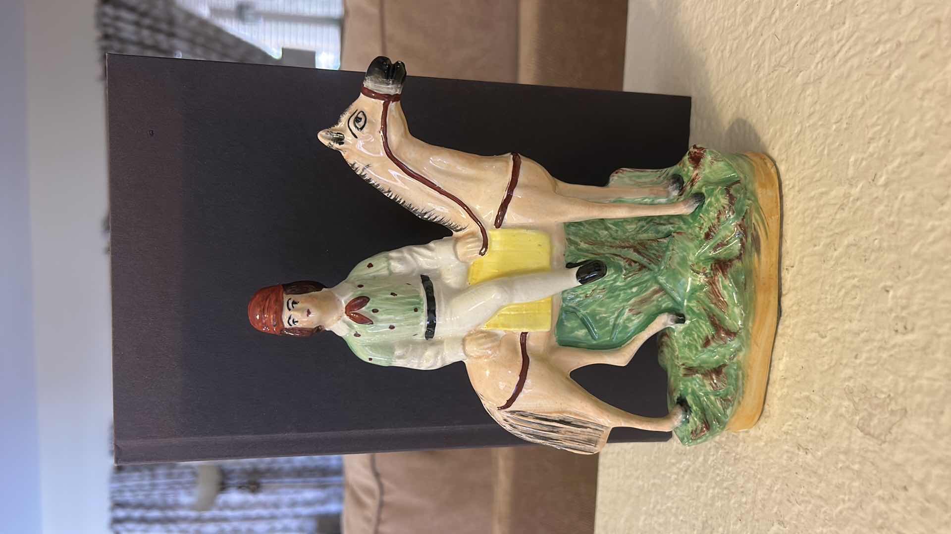 Photo 1 of ANTIQUE STAFFORDSHIRE WARE ENGLAND FIGURINE — RIDING A HORSE H8”