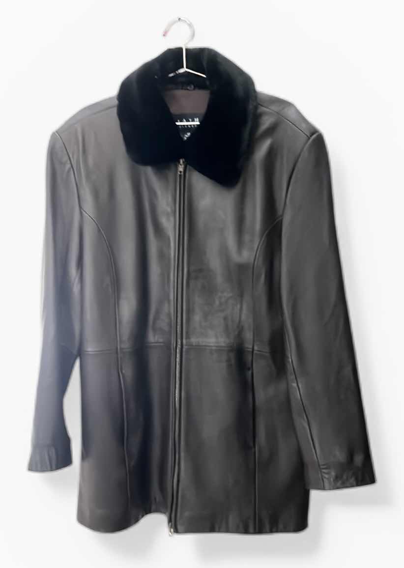 Photo 1 of BLACK LEATHER COAT WITH A REMOVABLE FAUX FUR COLLAR BY LEATHER ELEMENTS. SIZE L
