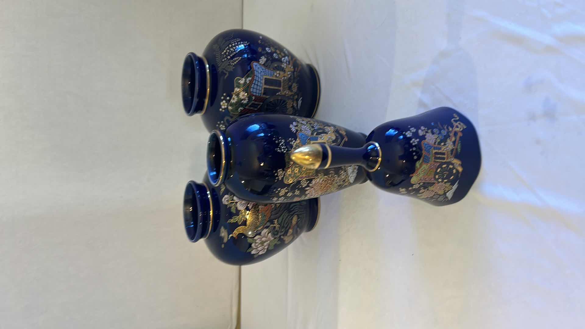 Photo 1 of 3-JAPANESE COBALT BLUE  SMALL VASES H 7” & DINNER BELL H 5”