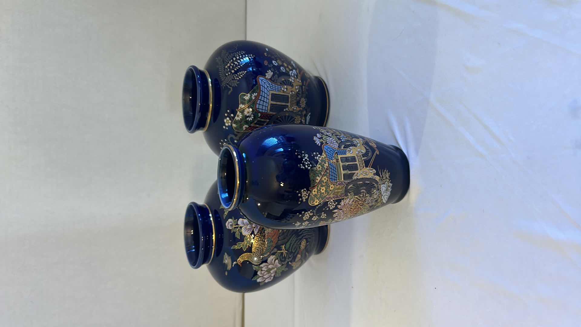 Photo 2 of 3-JAPANESE COBALT BLUE  SMALL VASES H 7” & DINNER BELL H 5”