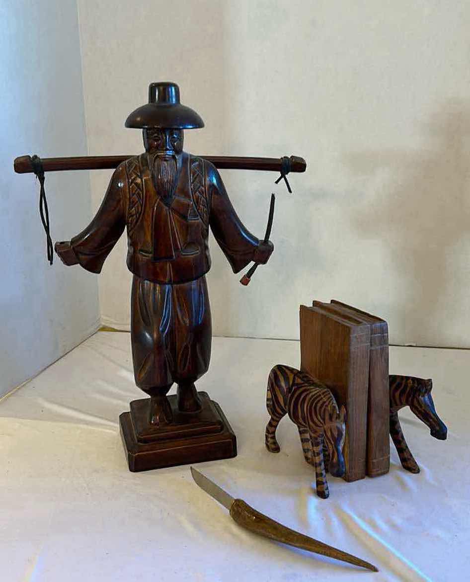 Photo 1 of WOOD ORIENTAL FIGURINE ZEBRA BOOKENDS WOOD HANDLE DECORATIVE KNIFE