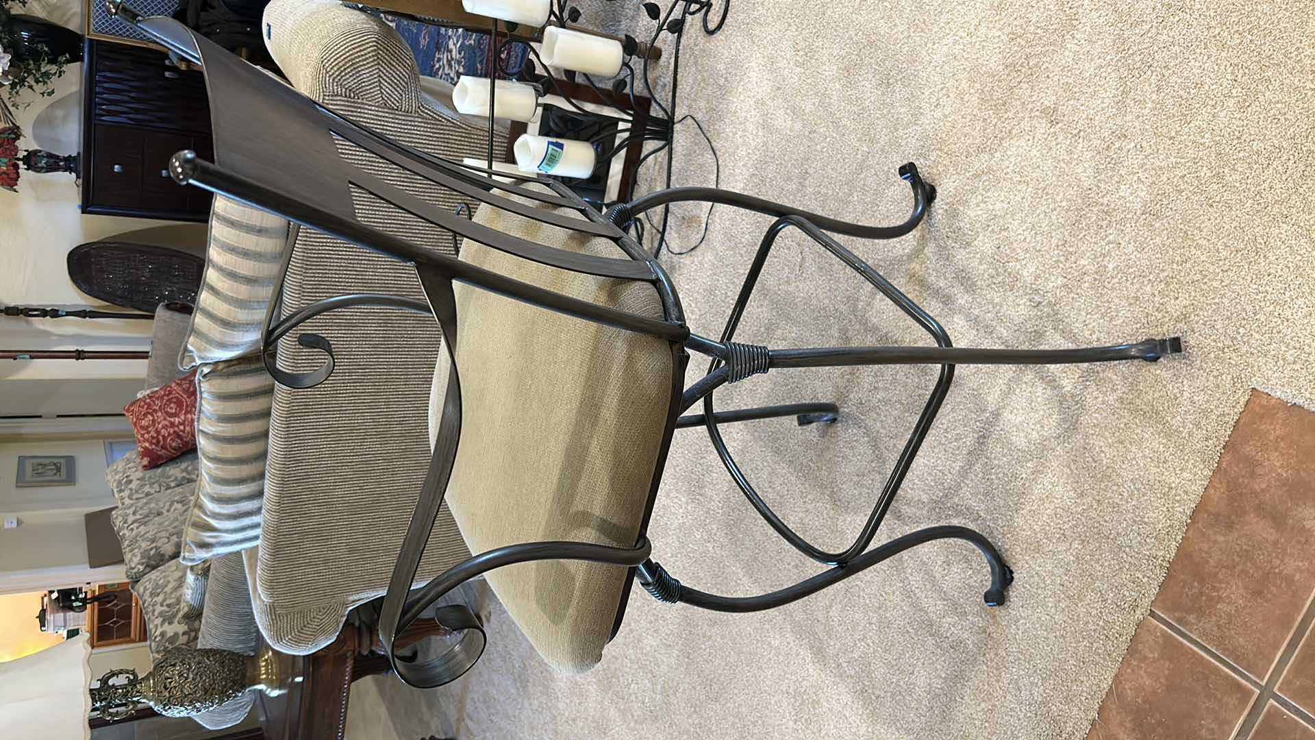 Photo 1 of WROUGHT IRON W FABRIC SEAT SWIVEL BAR STOOL H 48”